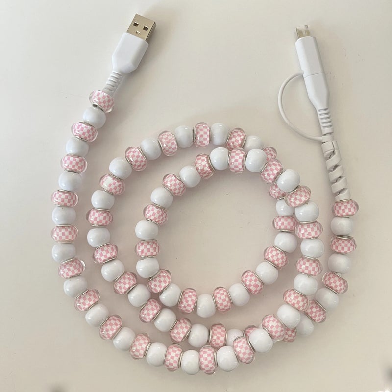 Bluejw 2-in-1 Plaid Beaded Fast Charging Cable 1M Type-C USB & Lightning, Cute Pearl Car Charger Cord for iPhone/Android, Auto Computer Charging, Gifts - Image 1